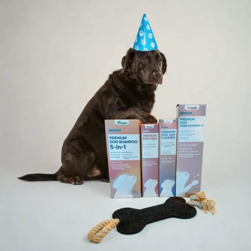 A close-up image of a dog grooming bundle containing a scented mist, ear cleaner, paw cleanser, and vegan conditioner. The products are arranged neatly on a white background with a free dog toy in front and hat on a dog behind the them.